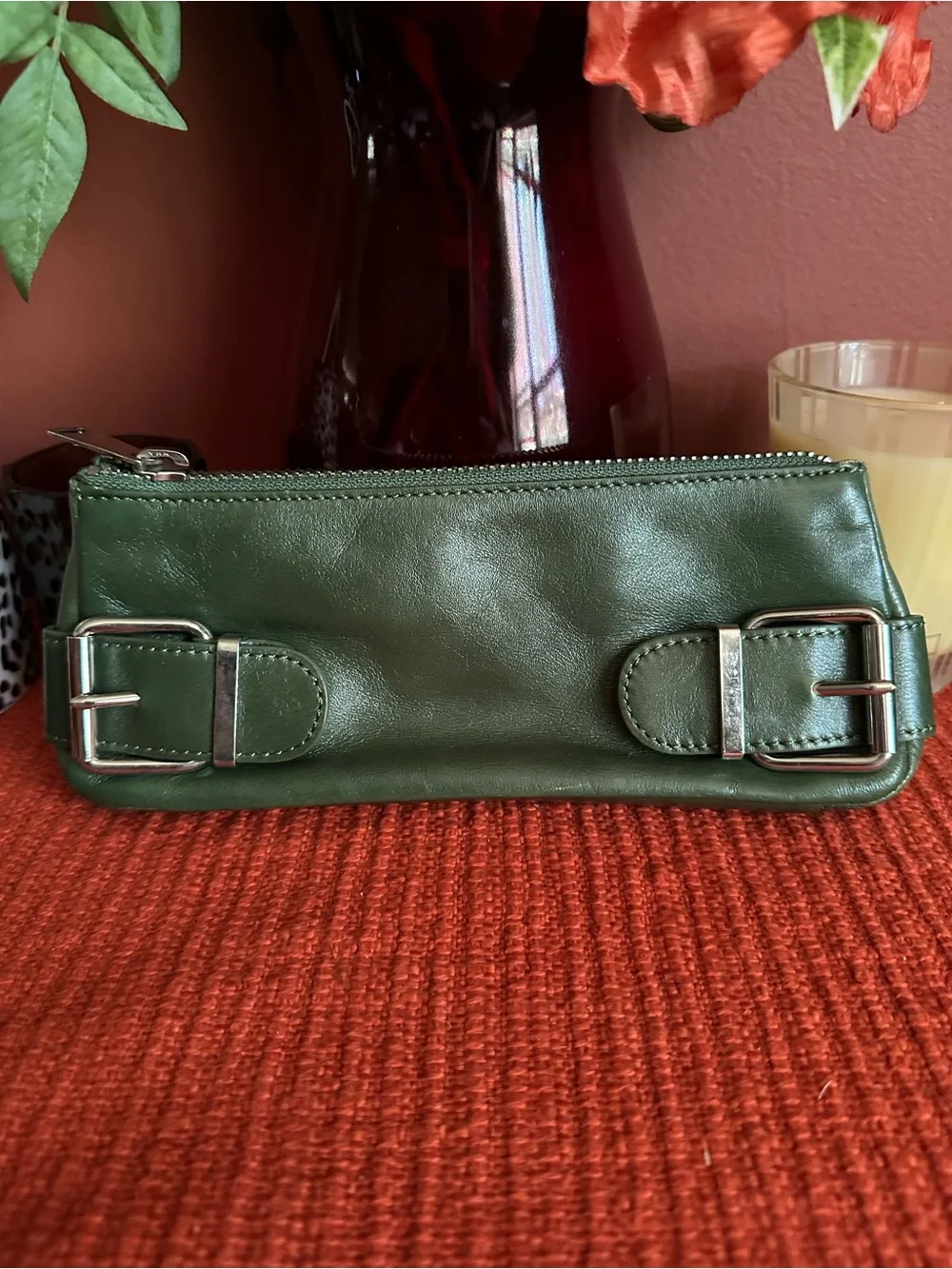 Vintage Green Leather Wristlet Clutch - Sleek Buckle Detail